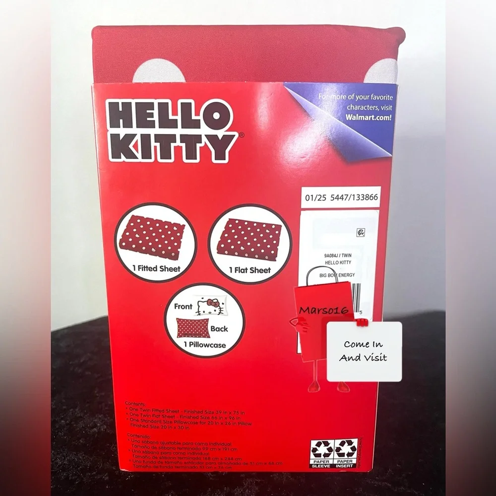 Hello Kitty 3-Pc Twin Sheet Set BIG BOW ENERGY Red w/White Polka Dots Microfiber